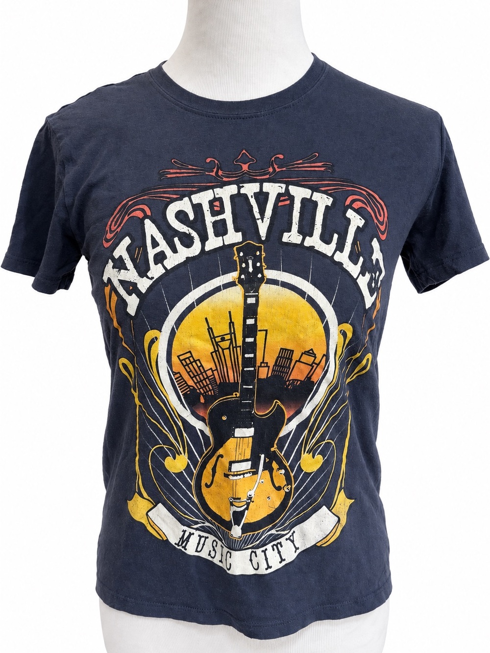 Source Unknown Navy Nashville Music City Graphic Tee with Yellow Guitar Accent